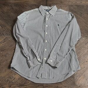 Men's Ralph Lauren Black and White Striped Button Down Shirt - Size Medium